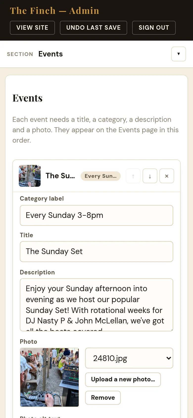 Editing an event on The Finch's admin from a phone