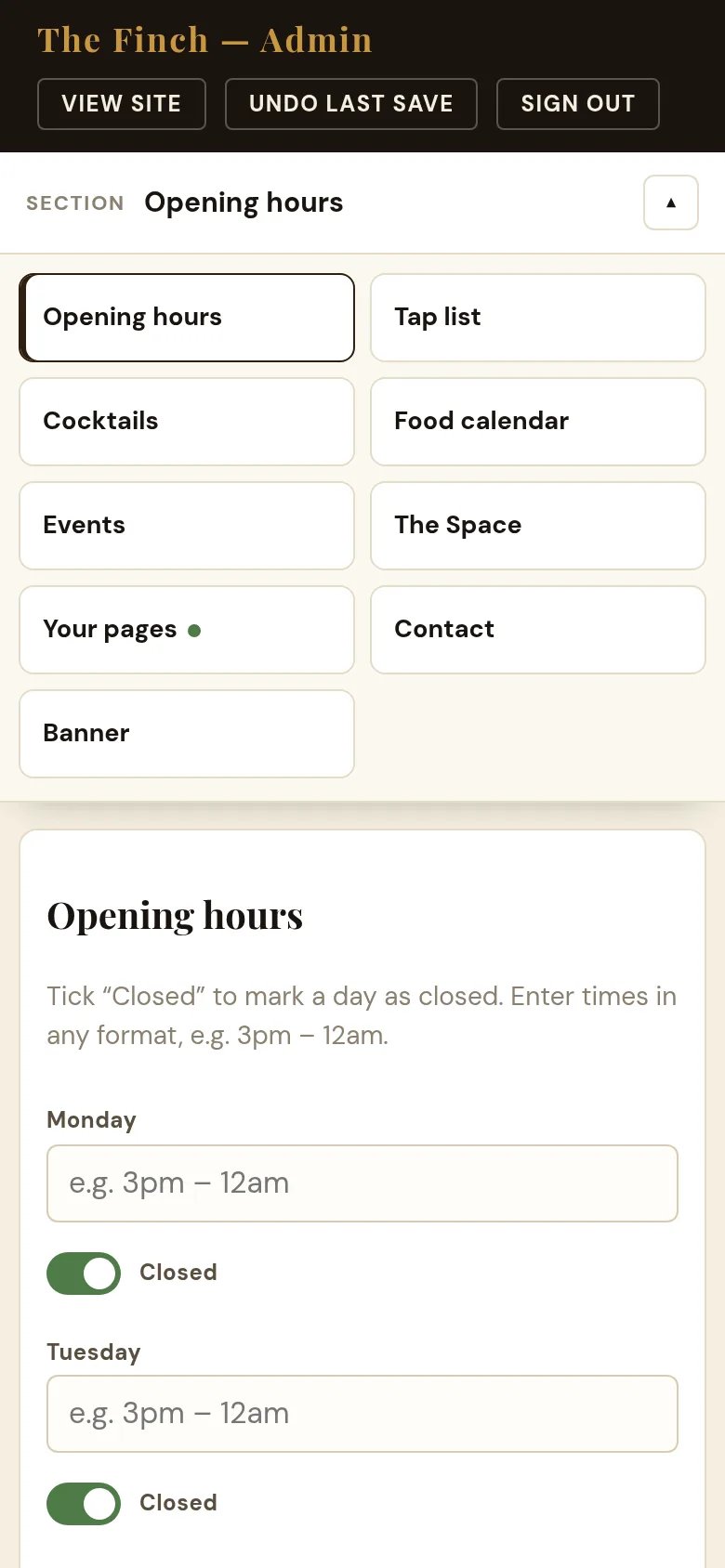 The Finch's admin panel on a phone, showing the sections the team can edit