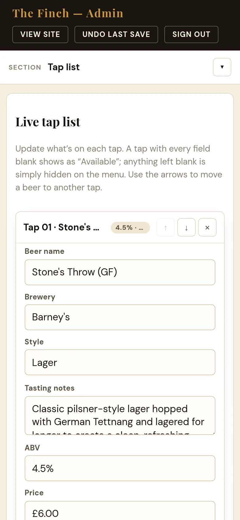 Updating a beer on The Finch's tap list from a phone